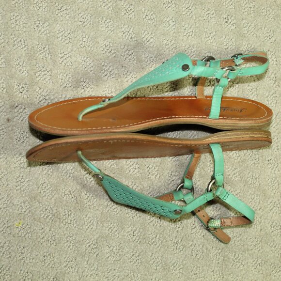 Lucky Brand Abel Size 7.5 Teal Leather T-Strap Flat Slingback Sandals - Picture 3 of 6